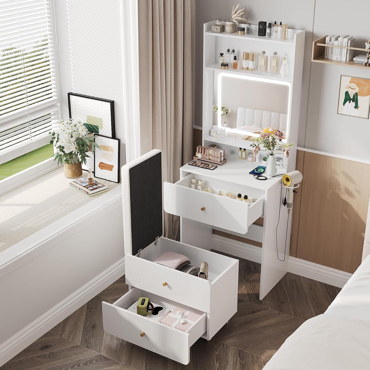 Desk Setup Bedroom - Tocador de Maquillaje con Espejo y
